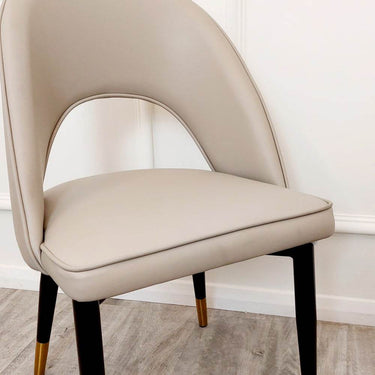 Astra Leather Dining Chair with Scandinavian Black Legs and Gold Tips in Beige PU or Plush Velvet - UK Luxury Furniture